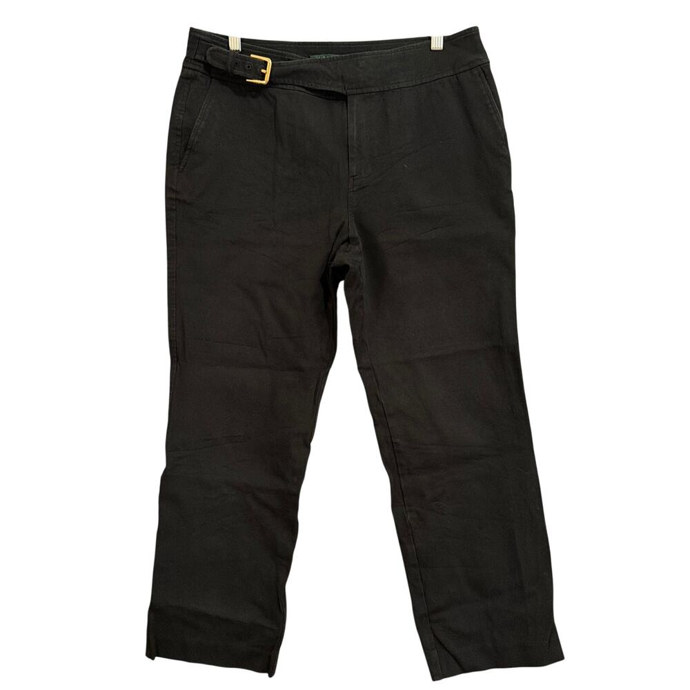 Ralph Lauren Womens Pants Black Mid Rise Straight Leg Belted Stretch 14 Petite